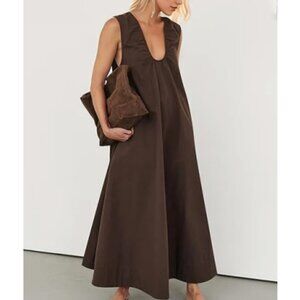 Gabi Bit Chocolate Color Cotton Mid-Length Dress